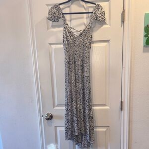 Angie Blue and White High Low Sundress with  Cap Sleeves & lace up  back